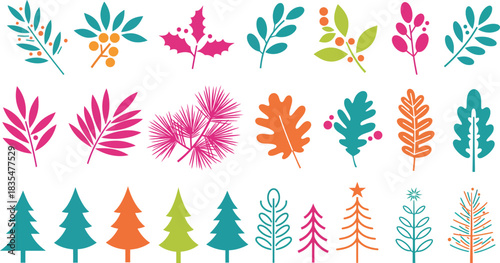 Collection of stylized botanical elements and festive christmas trees in vibrant abstract artistic patterns and shapes