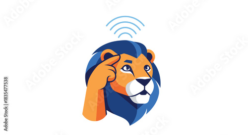Cartoon lion with hand on head, signal above