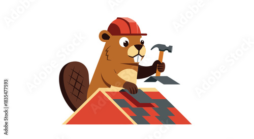 Cartoon beaver with a hammer building a roof