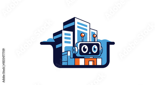 Modern vector art featuring a robot in front of city buildings