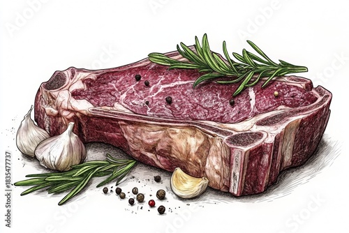 A detailed illustration of a deliciously cooked steak garnished with garlic cloves and herbs, presented elegantly on a white plate. Perfect for food blogs, menus, or cooking tutorials.