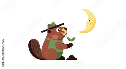 Cartoon beaver with a hat holds leaves while looking at a crescent moon
