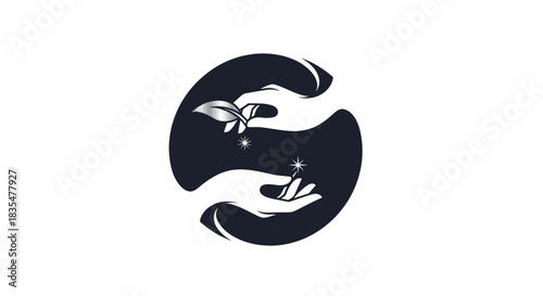 Hands holding a plant and a candle within a circular frame.