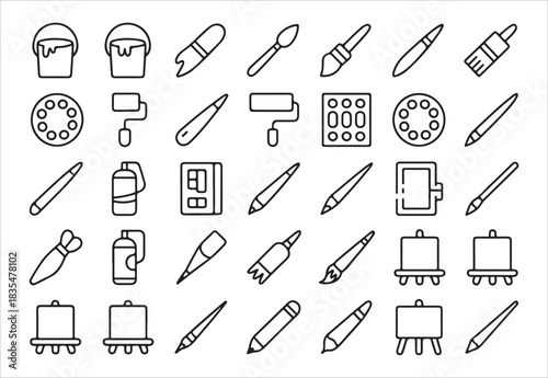 Art and painting tools icon set in outline style creative artist supplies and instruments