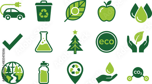 Eco friendly green icons set with sustainability symbols, recycling signs, renewable energy elements, organic nature graphics, environmental conservation illustrations for ecological  