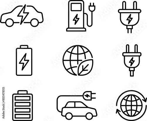 Electric vehicle charging icons set illustrating eco car symbols, battery energy signs, plug connectors, EV station graphics, modern transportation technology elements, clean mobility concepts,