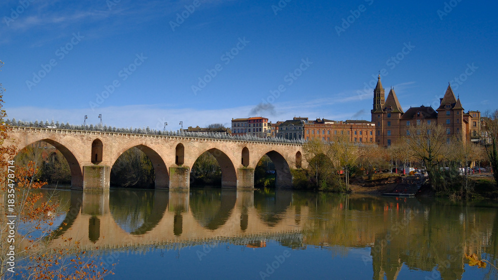 Obraz premium Montauban Stunning panoramic view of historic stone bridge spanning a tranquil river with charming architecture and clear blue sky, capturing the beauty of rural French landscape and heritage