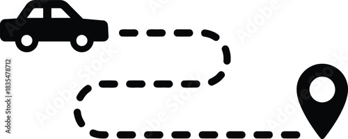 car, automobile, vehicle, transport, transportation, route, path, journey, navigation, GPS, location, pin, map, icon, symbol, graphic, design, black, white, isolated, dashed line, destination, travel