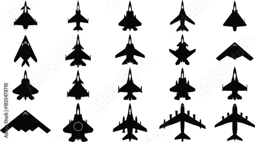 Military jet silhouettes, fighter aircraft top view, combat plane icons, tactical war aviation collection, stealth bomber shapes, air force jets, aviation design graphic set
