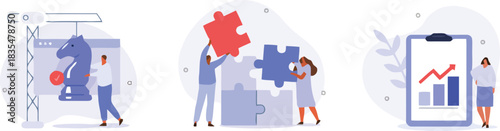 business, strategy, data, analysis, concept, people, teamwork, puzzle, chess, horse, crane, graph, chart, tablet, mobile, planning, collaboration, problem solving, decision making, growth, progress, d