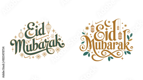 Beautiful eid mubarak calligraphy designs with festive ornaments and lanterns