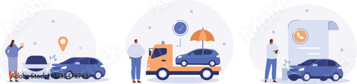 car accident, insurance, claim, policy, vehicle, damage, repair, tow truck, umbrella, protection, safety, document, phone, location pin, woman, man, illustration, flat design, traffic, collision, lega