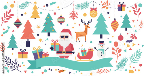 Whimsical hand drawn christmas elements collection featuring santa claus reindeer snowman pine trees gifts ornaments and festive foliage on white background