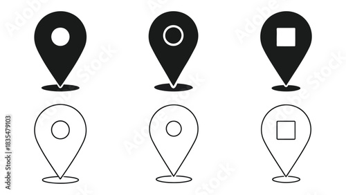 Collection of six stylized map pin location markers in solid black and outline styles