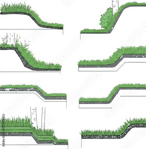 Create set of original Green forest line cad, minimal isolated on white background. Ground cover. Illustration for elevation architectural element, side view, grass section. Turf coating banners 