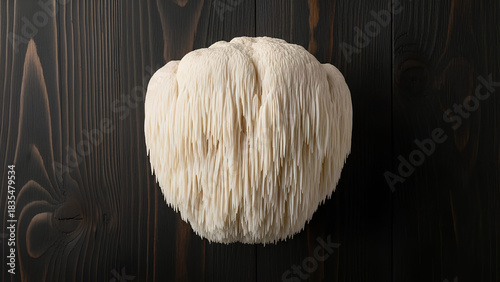 Lion's Mane Mushroom Top View PNG. Single fresh Hericium erinaceus fungus on dark wood. Organic medicinal superfood for cognitive health. White shaggy nootropic ingredient. Edible raw fungi texture