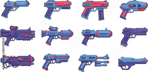 Futuristic gun icon set, sci-fi weapon and shooter design collection, gaming graphics, cad drawing flat vector illustration