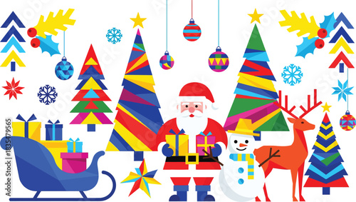 Vibrant and festive christmas scene featuring santa claus snowman reindeer sleigh full of gifts and colorful decorated trees