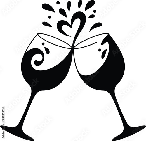 Toasting wine glasses with a heart shaped splash silhouette