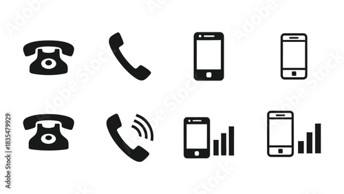 Evolution of communication devices icons showing old telephones and modern smartphones