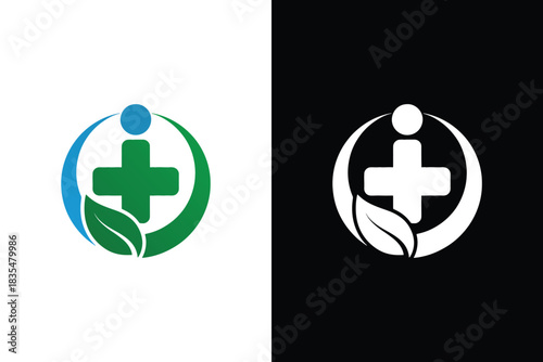 Natural health wellness medical cross leaf logo design