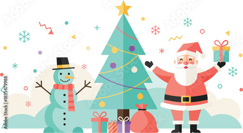 Cheerful santa claus and a friendly snowman stand beside a decorated christmas tree with gifts and confetti celebrating the holiday season