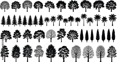 Collection of Diverse Tree Silhouettes in Black and White trees variety