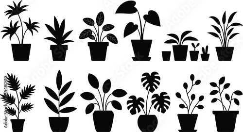 Potted plant silhouette icon set, indoor foliage and botanical decor collection, nature graphics, black white vector, cad drawing flat vector illustration