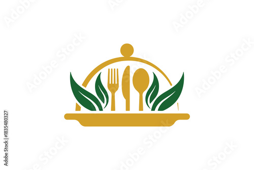 Elegant restaurant logo design with cutlery and leaves