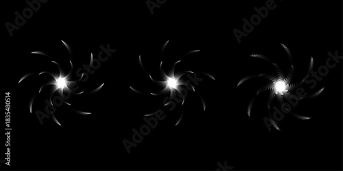 Three abstract glowing spiral light effects on black