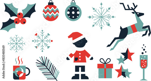 Festive christmas holiday collection of decorative elements including holly ornaments snowflakes reindeer elf gift stars and champagne for seasonal celebration and winter joy