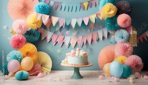 joyful cake smash backdrop with colorful bunting paper pompoms and pastel decorations