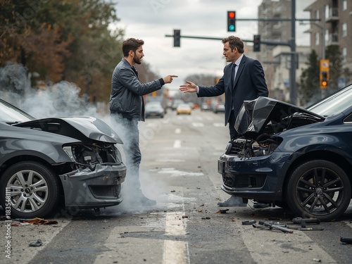 Two drivers argue on a city street after a car collision. Suitable for themes of road accidents, insurance claims, and driver disputes.
