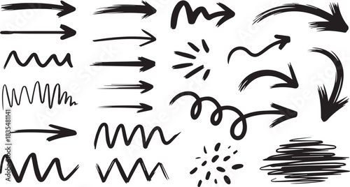 Hand-drawn ink arrows, scribbles & explosive darts. Doodle motion lines with gritty texture. Vector illustration