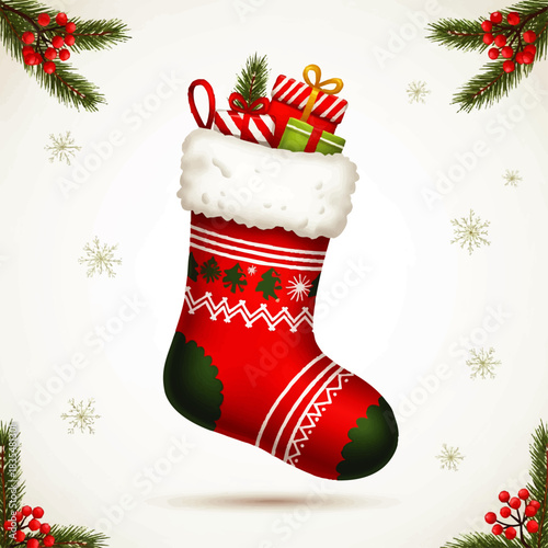 Festive Christmas stocking filled with gifts and candy, surrounded by pine branches and snowflakes