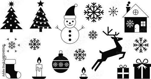 Collection of black and white christmas holiday icons and illustrations including a snowman reindeer christmas tree snowflakes house gifts candle and stocking