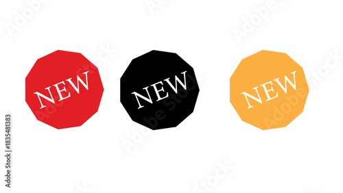 Three new labels in red black and orange with the word new displayed on each one in white color font
