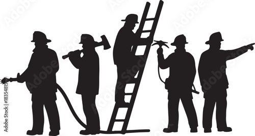 Silhouettes of first responders in various poses and roles on a white background, including firefighters, police officers, and paramedics