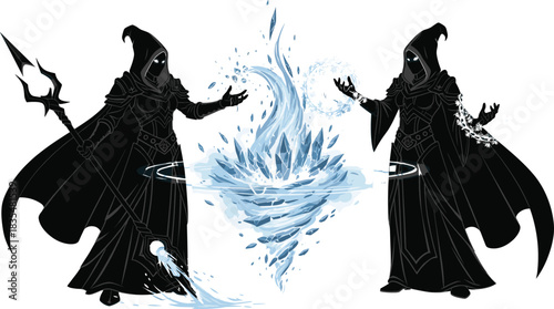 Fantasy silhouette duel, hooded figures, ice vortex, magical energy, black vector, elemental power, trident staff, glowing eyes, ritual scene