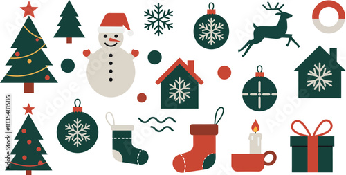 Collection of festive christmas holiday icons and illustrations including decorated trees snowflakes snowman reindeer houses ornaments stockings candle and gift box
