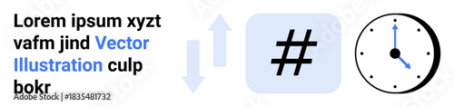 Clock illustration beside bold metadata tag symbol, text blocks, and arrows. Ideal for productivity, social media, scheduling, strategy, data organization, digital content simple landing page
