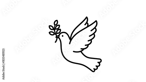 Peace dove flying with olive branch minimal line art icon symbol of hope isolated on white background, Vector