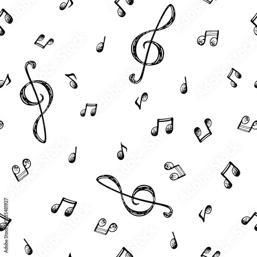 A seamless black and white pattern with music notes and a treble clef. Vector ink illustration for cards and wrapping paper.