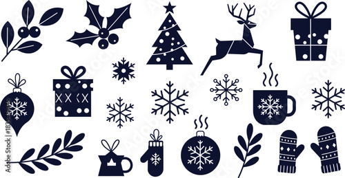 Collection of festive christmas holiday icons and symbols including a christmas tree reindeer snowflakes gifts holly ornaments and hot drinks