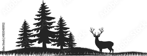 Forest silhouette, deer, conifer trees, antlers, wildlife, nature, black shape, white background, vector, icon, woodland, animal, graphic, illustration, outdoor, al
