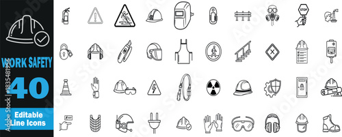 work safety icon set . Including Hard Hat Icon, Safety Vest Icon, First Aid Kit Icon, Warning Sign Icon, Fire Extinguisher Icon, Safety Goggles Icon, Gloves Icon, Ear Protection Icon, Construction Con