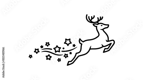 Leaping reindeer with festive star trail, minimalist line art holiday graphic icon. isolated on white background, Vector