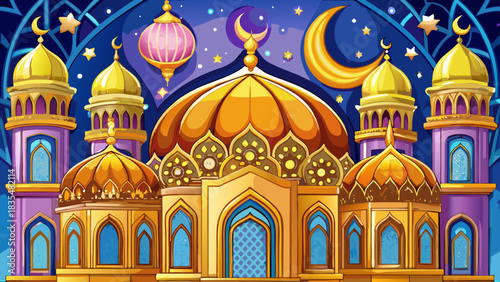 Ornate mosque with golden domes under a starry night sky