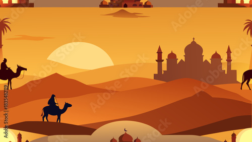 Desert caravan at sunset with islamic architecture
