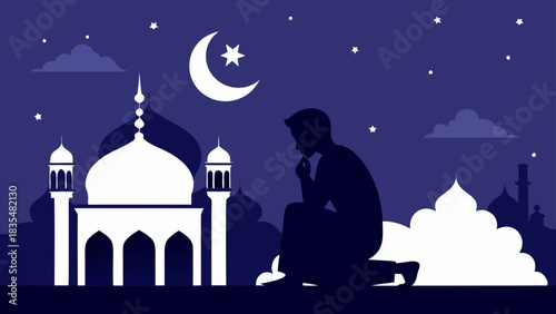 Man praying under crescent moon and stars beside mosque